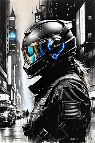 Charcoal drawing, A futuristic scene captured in a photo, reflecting a vast cityscape in the visor of a high-tech, visor-equipped helmet. The helmet features a distinct 'BJORGAV' logo, evocative of Luc Besson's iconic style. The city itself is a sprawling, neon-lit metropolis, with towering skyscrapers and holographic advertisements adorning the streets. The photo has a striking contrast between the bright city lights and the dark, enigmatic visor, creating a captivating and immersive atmosphere., photo
painting in the style of artists such as Russ Mills, Sakimichan, Vlop, Leush, Artgerm, Darek Zabrocki and Jean-Baptiste Monge,colored crayons, black pencil drawing