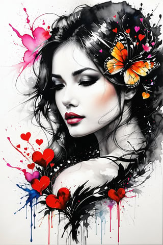 Charcoal drawing, A stunning 3D watercolor painting featuring a vibrant and glowing scene of two intertwined hearts. The hearts are surrounded by a cascade of vivid watercolor splashes, with glowing jewels and flowers adding to the radiant atmosphere. The overall composition exudes a sense of love, passion, and enchantment, as if captured in a magical moment of pure emotion., vibrant
painting in the style of artists such as Russ Mills, Sakimichan, Vlop, Leush, Artgerm, Darek Zabrocki and Jean-Baptiste Monge,colored pencils, black pencil drawing,women,colored crayons