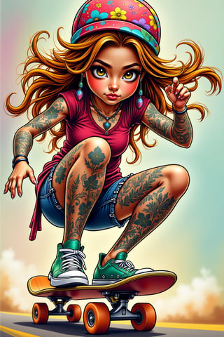 Midjourney style, cinematic style, high quality, realism, chiaroscuro, still film, realism, 
anime, illustration, cartoon, 4k 
close-up "A vibrant, cartoon-style, sketch, hippie girl with colorful tattoos and piercings, riding a skateboard. The character has a dynamic pose, with flowing hair and exaggerated curves, as she makes a sharp turn towards the camera. The scene is filled with bright, psychedelic colors and playful, whimsical details that give it a unique, energetic vibe. The background is abstract, enhancing the sense of motion and excitement."







 
  

  
