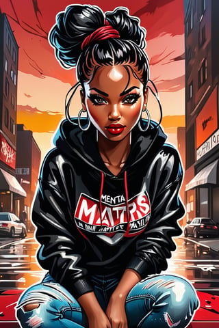 A stunning 8K airbrush cartoon of an African American woman exuding confidence and strength. She has short, glittery black nails, a vibrant red and black hairstyle tied in a messy bun, expressive brown eyes, and full lips. She wears a black hoodie with the words "Mental Health Matters" written in dripping letters, ripped fitted jeans, and Nike Dunk sneakers. The background is a vibrant, abstract cityscape with a sunset hue, emphasizing her powerful presence.
 She invites the viewer to immerse herself in the contemplation of beauty and think about the eternal truths of existence, in the style of Bernie Wrightson, Anders Zorn, Alexi Brilo, Luis Royo,extremely detailed