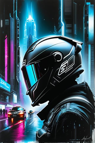 Charcoal drawing, A futuristic scene captured in a photo, reflecting a vast cityscape in the visor of a high-tech, visor-equipped helmet. The helmet features a distinct 'BJORGAV' logo, evocative of Luc Besson's iconic style. The city itself is a sprawling, neon-lit metropolis, with towering skyscrapers and holographic advertisements adorning the streets. The photo has a striking contrast between the bright city lights and the dark, enigmatic visor, creating a captivating and immersive atmosphere., photo
painting in the style of artists such as Russ Mills, Sakimichan, Vlop, Leush, Artgerm, Darek Zabrocki and Jean-Baptiste Monge,colored crayons, black pencil drawing