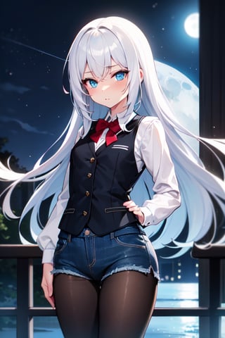 one girl,white hair, long hair, long bangs,sky blue eyes,beautiful eyes,perfect body,black school vest long sleeves,red shorts (denim texture),black pantyhose,shy pose, in a park,night,full moon,povbathinfront