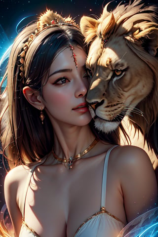 (masterpiece, top quality,kissing a lion beautiful and aesthetic:1.2), (1girl), extreme detailed,(fractal art:1.3),colorful,highest detailed,fantasy_princess