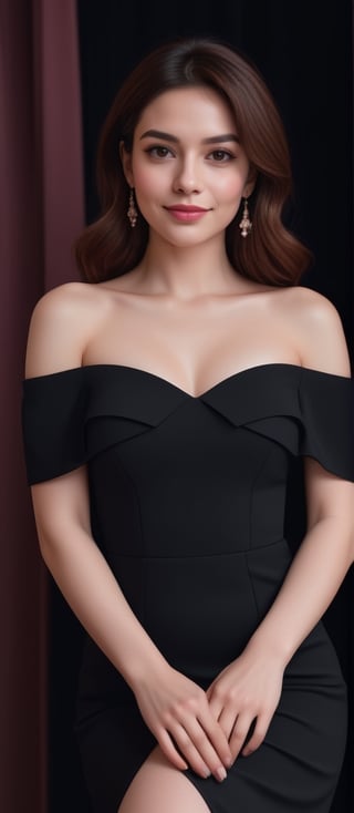 instagram photo, (((half body))), portrait photo of 33 y.o ale wearing a black off shoulder dress , (cleavage:1.2), pale skin, (smile:0.4), cozy, natural skin, soft lighting, (cinematic, film grain:1.1),, Layers with Curtain Bangs brown Hairstyle, rosy cheeks, ((Dangle Earrings)), ((medium breast)), (thin pink lips), (((black screen background))) ,<lora:659095807385103906:1.0>