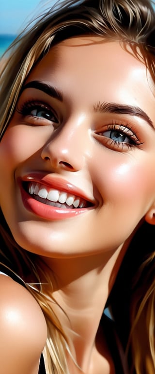 he most perfect woman in entire cration, in the background, Test, highly realistic, ruddy skin, beautiful, full lips, a minuscule amount of clothing, smiling, feeling of lightness and joy, hyperrealism, skin very elaborated, direct gaze,  by alex1shved