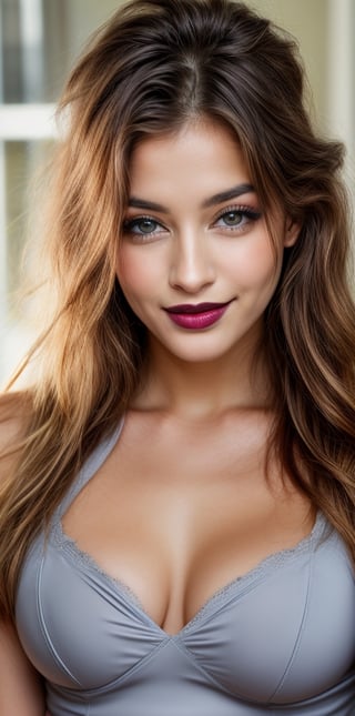 create a beautiful woman, red long hairs , grey eyes , black lips, hourglass body, natural breast, she is looking at camera with bright smile,happy exciting,french beauty, age 18, model,photo of perfecteyes eyes,leonardo, wearing pencil dress, long hair, perfect body, beautful face, (((small nose ring)))