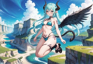 best_quality,highres,extremely_detailed, 1girl,beautiful_face,navel,light_aqua_hair,very_long_hair,full_body, ,obscenity_tattoo,windmage,aqua_tattoo,green_tattoo,waist_tattoo,neck_tattoo, village_succubus,wings,horns,tail, BREAK official_art,watercolor_\(medium\),fantasy, flying,waterfal,canyon,valley,magical_girl,GGAS_Box,,