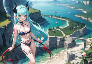 best_quality,highres,extremely_detailed, 1girl,beautiful_face,navel,light_aqua_hair,very_long_hair,full_body, ,obscenity_tattoo,windmage,aqua_tattoo,green_tattoo,waist_tattoo,neck_tattoo, village_succubus,wings,horns,tail, BREAK official_art,watercolor_\(medium\),fantasy, flying,waterfal,canyon,valley,magical_girl,GGAS_Box,,