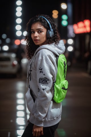 Mallu curly hair, Dreampolis, hyper-detailed digital illustration, cyberpunk, single girl with techsuite hoodie and headphones in the street, neon lights, lighting bar, city, cyberpunk city, film still, backpack, in megapolis, pro-lighting, high-res, masterpiece,photorealistic,22yo girl ,1 girl