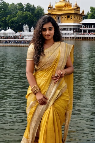 20 year old mallu woman, long curly brown hair,  front view, movie scene, cinematic, high-quality, ultra-detailed, professionally color graded, professional photography.  ( hard light:1.2), (volumetric:1.2), well-lit, double exposure, award-winning photograph, dramatic lighting, dramatic shadows, illumination, long shot, wide shot, full body, at in front of golden temple, smart watch on left hand, happy_face, Fast shutter speed, 1/1000 sec shutter, embroidered traditional indian dress,Mallu