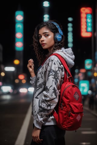 Mallu curly hair, Dreampolis, hyper-detailed digital illustration, cyberpunk, single girl with techsuite hoodie and headphones in the street, neon lights, lighting bar, city, cyberpunk city, film still, backpack, in megapolis, pro-lighting, high-res, masterpiece,photorealistic,22yo girl ,1 girl,midjourney