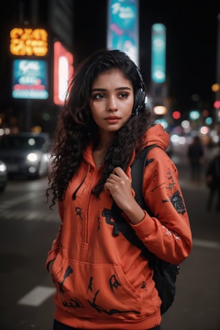 Mallu curly hair, Dreampolis, hyper-detailed digital illustration, cyberpunk, single girl with techsuite hoodie and headphones in the street, neon lights, lighting bar, city, cyberpunk city, film still, backpack, in megapolis, pro-lighting, high-res, masterpiece,photorealistic,22yo girl ,1 girl,midjourney