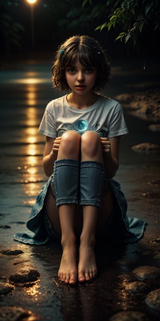 cute large-eyed girl, 
a white T-shirt, a short jean skirt, sitting, 
embrace one's knees, abstract  magical rain, universe , stars, 
masterpiece, best Quality, Tyndall effect, good composition, highly details, warm soft light, three-dimensional lighting, volume lighting, Film lighting, cinematic lighting
,