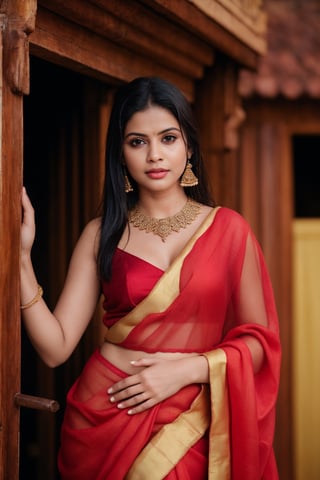 Raw photo of (27yo  Beautiful woman:1.1) (best quality, highres, ultra-detailed:1.2), vibrant colors, red, blue, black, yellow, orange, cinematic colour grading, Moody colour grading, vilot, glowing dimond, glowing eyes, realistic Raw photo, realistic lighting, traditional saree, royal background , traditional Indian house, Indian culture, exotic beauty, exotic beauty, mesmerizing eyes,Mallu ,perfect,hands