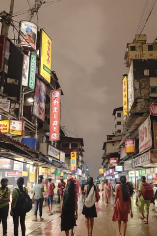 1girl, standing top of building, night city, neon light, buildings, beautiful view, raining, water drops,Girl,Thrissur,Very crowded city