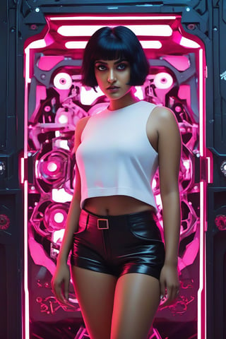 A close-up shot of Mallu's face, red eyes piercing as she gazes directly at the camera. Short black hair frames her striking features against the backdrop of intricate mechanical legs. A black sweater with white logos and text wraps around her torso, paired with shorts tucked into the cybernetic limbs. The bright pink surroundings amplify the immersion, blending human and machine elements in a vibrant cyberpunk setting.,Plump 