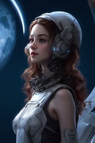 1 cute Women, spaceship, sci-fi, moon, movie scean, realistic,  high_resolution, high detail, thsnose