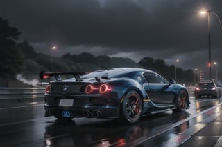 A smoking hot race car,rain, night, night City,sci-fi,backshot,bchiron