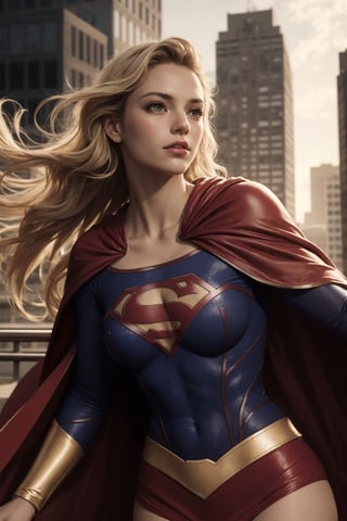 a 30 yo supergirl, blushed, (long blonde hair), classic supergirl costume, red cape, stretchy clothes, flying, ((madison beer:0.3), (barbara palvin:0.3), (karlie kloss:0.4)), perky, large breasts, (hi-top fade:1.3), city background, desaturated background, bokeh, dark theme, soothing tones, muted colors, high contrast, (natural skin texture, hyperrealism, soft light, sharp), artistic photoshoot, superdetailed face