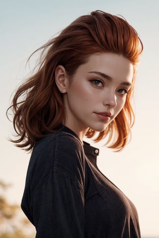 a 30 yo girl, having fun, laugh, talking, blushed, (long ginger hair), loose blouse, perky, small breasts, ((madison beer:0.3), (barbara palvin:0.3), (karlie kloss:0.4)), (hi-top fade:1.3), textured background, desaturated background, bokeh, dark theme, soothing tones, muted colors, high contrast, (natural skin texture, hyperrealism, soft light, sharp), artistic photoshoot, heroic pose