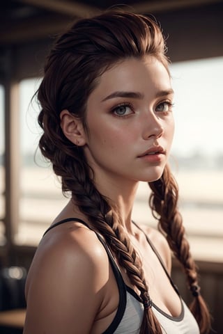 a 30 yo woman, (long double braided red-brown hair)((Barbara Palvin:0.7), (Madison Beer:0.3)), (hi-top fade:1.3), dark theme, soothing tones, muted colors, high contrast, (natural skin texture, hyperrealism, soft light, sharp)