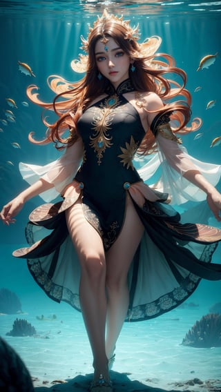 (masterpiece, top quality, best quality, official art, beautiful and aesthetic:1.2), (1girl), A beautiful girl wearing a beautiful transparent peach and black gown, underwater, god rays coming down, cinematic lighting, colorful various kinds of fishes swimming by, colorful ocean vegetation, contrast, extremely detailed,(abstract, fractal art:1.3), colorful flowing hair, magical, brightly light source, highest detailed, detailed_eyes, (underwater), Indian