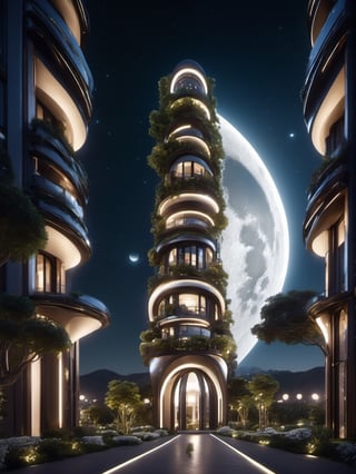 Create a photorealistic unique futuristic apartment tower, an architectural marvel, cinematic lighting, night sky, starry night, orb like moon, the architectural design includes nature and vegetation to aid balance,