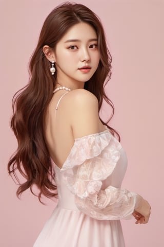 korean girl, 1girl, solo, brown hair, brown eyes, realistic, necklace, jewelry, long hair big waves, looking back, pearl necklace, white dress, looking at viewer, simple pastel pink orange background, lips 