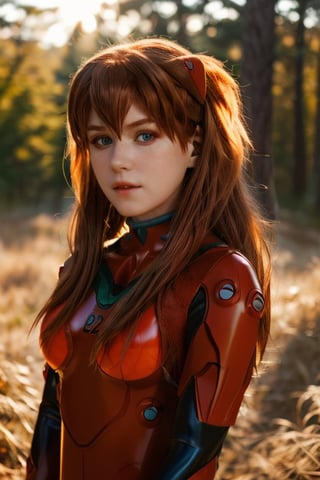 (bust shot photo of shirogane), 8K, blue eyes, forest background, golden hour, asuka cosplay, professional photo, photo, photorealism, modelshoot style, red plugsuit, bokeh