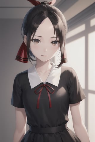 beutiful woman, shinomiya kaguya, folded ponytail, forehead, hair ribbon, brown eyes, (red ribbon), ribbon, short hair, small breast ,black dress, dress, pinafore dress, school uniform, shirt, short sleeves, shuuchiin academy school uniform, white shirt, looking at viewer, best quality, high resolution, unity 8k wallpaper, illustration, beautiful detailed eyes, extremely detailed face, perfect lighting, extremely detailed CG, perfect hands, perfect anatomy,folded ponytail, high_school_girl, mai, 1girl, face 