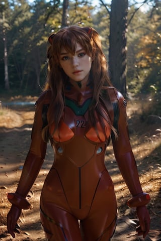 (medium shot photo of shirogane), 8K, blue eyes, forest background, golden hour, asuka cosplay, rofessional photo, photo, photorealism, modelshoot style, red plugsuit, bokeh