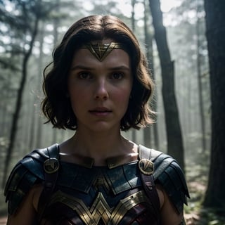 Millie Bobby Brown, wonder woman costume, (detailed face and eyes), (medium shot), best quality, masterpiece, upper body, sun light, floating light particles, centered, surrounding by fog, in the dark forest,