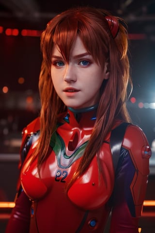 (bust shot photo of shirogane), detailed face and eyes, 8K, blue eyes, nightclub background, asuka cosplay, professional photo, photo, photorealism, modelshoot style, red plugsuit, bokeh