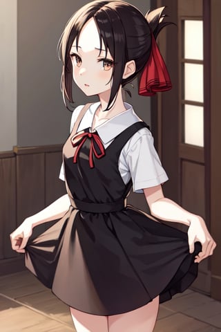 beutiful woman, shinomiya kaguya, folded ponytail, forehead, hair ribbon, brown eyes, (red ribbon), ribbon, short hair, small breast ,black dress, dress, pinafore dress, school uniform, shirt, short sleeves, shuuchiin academy school uniform, white shirt, looking at viewer, best quality, high resolution, unity 8k wallpaper, illustration, beautiful detailed eyes, extremely detailed face, perfect lighting, extremely detailed CG, perfect hands, perfect anatomy,folded ponytail, high_school_girl, mai, 1girl, face 