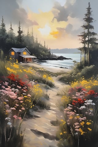 oil painting artwork, scenery, forest, beach, sunrise, cloudy, cinematic color grading, cinematic light, masterpiece, ultra detail, perfect, cabin, flowers (innocent grey)