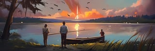 oil painting artwork, standing in front of the lake, looking at the sky, shooting stars, sunset, cloudy, cinematic color grading, cinematic light, masterpiece, ultra detail, perfect, ship,