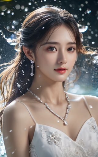 best quality,masterpiece,highres,cg,1girl,long hair,white dress,water,solo,jewelry,earrings,hair ornament,splashing,upper body,longhair ,white hair,lighting,candid,Photograph,high resolution,Bokeh,gh3a, korean girl