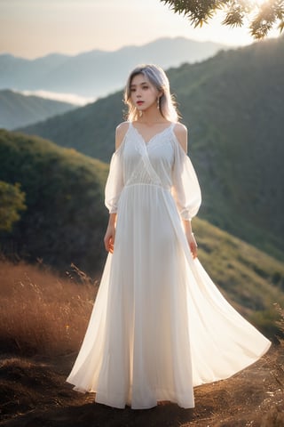 (masterpiece, best quality, niji style, realistic), beautiful woman, xxmixgirl, A mysterious woman,fog,movie lights, korean girl, full_body, sunlight, white hair, long wavy hair, white dress, (open white dress), (background: the mountains)