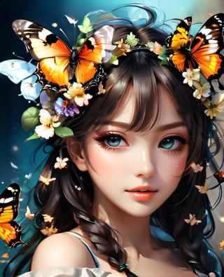 there is a girl with butterflies on her head and a butterfly in her hair, stunning anime face portrait, beautiful anime portrait, detailed anime soft face, beautiful anime art style, beautiful anime style, anime nature, cgsociety 9, pinterest anime, beautiful anime art, digital anime art, anime fantasy artwork, flowers and butterflies, realistic anime art style, realistic anime artstyle