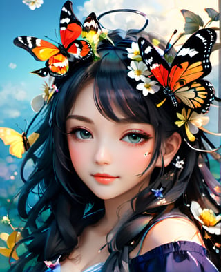 there is a girl with butterflies on her head and a butterfly in her hair, stunning anime face portrait, beautiful anime portrait, detailed anime soft face, beautiful anime art style, beautiful anime style, anime nature, cgsociety 9, pinterest anime, beautiful anime art, digital anime art, anime fantasy artwork, flowers and butterflies, realistic anime art style, realistic anime artstyle