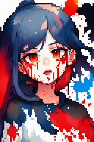 (masterpiece, best quality:1.2), Haemosplash style, ((1girl)), (looking up to the sky:1.2, ((head tilted back)), blood splatter, bloody face,pixel art,pixelated,portrait,JeeSoo 