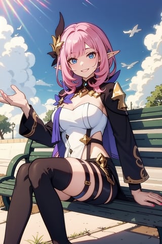 masterpiece, best quality BREAK elysia \(miss pink elf\) \(honkai impact\), Park bench, sitting,looking at viewer,single glove, thigh boots, black shorts, smiling brighty