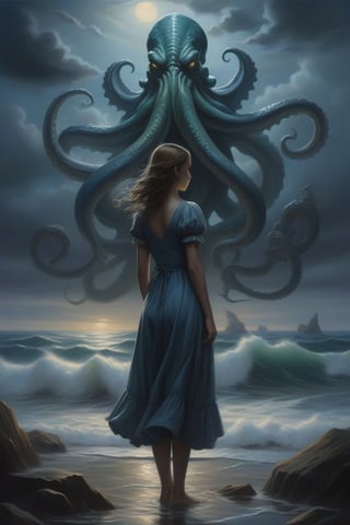  Description: The painting depicts a mysterious girl surrounded by a mystical atmosphere. She stands on a rocky shore, washed by the waves, gazing into the distance. In her hands, she holds an ancient scroll with unusual symbols. Strange sea creatures and fish float around her, and in the distance, the silhouette of Cthulhu, a gigantic sea monster from the mythology of H.P. Lovecraft, is visible. Moonlight casts its rays on the girl, creating a mysterious illumination and emphasizing her enigmatic nature. Dark clouds and a turbulent sea are visible in the background, adding drama to the scene.
Style: The painting is executed in a realistic style using oil paints. Shades of blue and gray dominate the palette, creating a cold and mysterious mood. The details of the girl and Cthulhu are meticulously rendered to convey their realism and expressiveness. The use of chiaroscuro and the play of light adds volume and depth to the image. The overall style aims to create an effect of mystique and intrigue, immersing the viewer in the atmosphere of a mythological world.