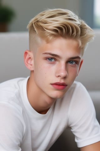 a 18 years old handsome cute blond boy at home, sharp focus, finely detailed eyes and face, short hair, fade haircut, male_only, sharp skin, masterpiece, photorealistic, ultra-detailed, fine skin detail, best, super fine, best quality, ultra highres, 8k, RAW photo, cute blond boy,