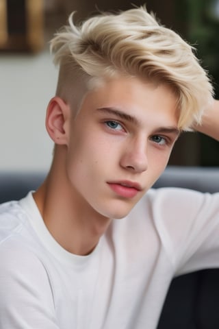 a 18 years old handsome cute blond boy at home, sharp focus, finely detailed eyes and face, short hair, fade haircut, male_only, sharp skin, masterpiece, photorealistic, ultra-detailed, fine skin detail, best, super fine, best quality, ultra highres, 8k, RAW photo, cute blond boy,