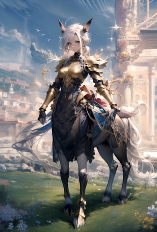 masterpiece, best quality, 
beautiful detailed eyes, 
detailed body, 
highres, 1girl, medium breasts, 
disheveled hair, round face, ponytail,
(Metal armor with golden decorations,)
fine gold embroidery,
wide shot, dynamic angle,
solo, 
(((centaur))), union of the girl's torso and the horse's body,
horse ears, two arms, four legs, 
four hooves on horse body, 
full body, detailed horse body, ,midjourney,no_humans