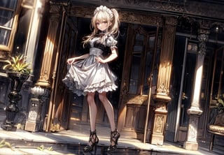 A girl wearing a classic maid outfit.
She is standing on the steps of a large mansion.