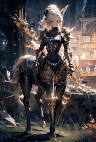 masterpiece, best quality, 
beautiful detailed eyes, 
detailed body, 
highres, 1girl, medium breasts, 
disheveled hair, round face, ponytail,
(Metal armor with golden decorations,)
fine gold embroidery,
wide shot, dynamic angle,
solo, 
(((centaur))), union of the girl's torso and the horse's body,
horse ears, two arms, four legs, 
four hooves on horse body, 
full body, detailed horse body, ,midjourney,no_humans