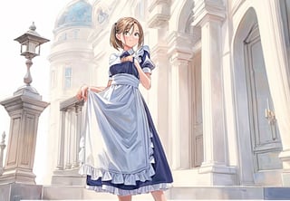 A girl wearing a classic maid outfit.
She is standing on the steps of a large mansion.