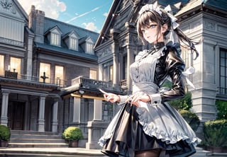 A girl wearing a classic maid outfit.
She is standing on the steps of a large mansion.